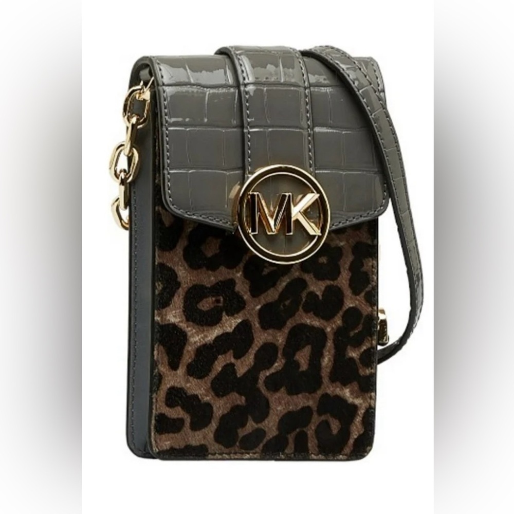 MICHAEL KORS Leopard Shoulder Crossbody Bag Gray Brown Leather AUTHENTIC NWT - Picture 7 of 10